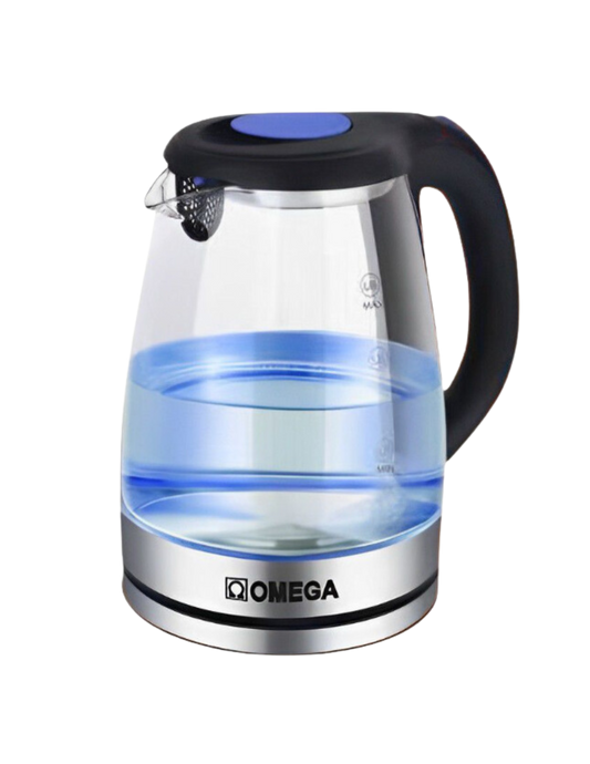 Omega Cordless Glass 2 Litre Modern Black and Silver Kettle - TS-26T2